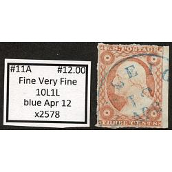 #11A 3¢ Washington, Fine - Very Fine, Blue Apr 12, 10L1L