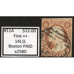 #11A 3¢ Washington, Fine++, Boston Paid, 14L1L