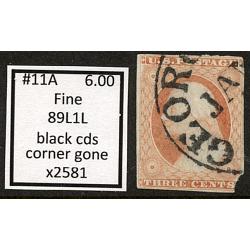 #11A 3¢ Washington, Fine, Black CDS, 89L1L