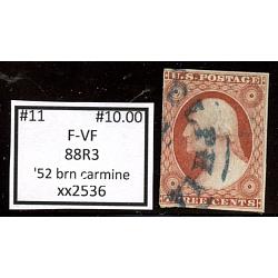#11 3¢ Washington, Fine - Very Fine \'52 Brown Carmine, 88R3