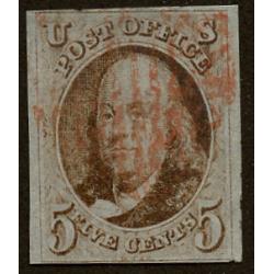 # 1 Benjamin Franklin, 5¢ Red Brown, Red Cancel F-VF