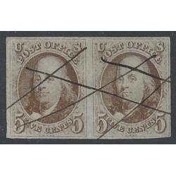 # 1 Benjamin Franklin, 5¢ Dark Brown, Pair, Very Fine w/ Certificate