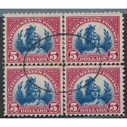 #573 $5 Freedom, Carmine & Blue, Center Line Block of Four