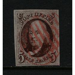 # 1 Benjamin Franklin, 5¢ Red Brown, Red Grid Cancel, VF Four Margins