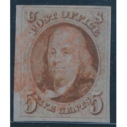 # 1 Benjamin Franklin, 5¢ Red Cancel, Four Margins, VF-XF