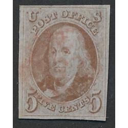 # 1 Benjamin Franklin, 5¢ Red Cancel, Four Margins, Very Fine to Extra Fine