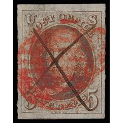 # 1 5¢ Red Brown, Manuscript X red grid cancels, large margins, EF to Superb.