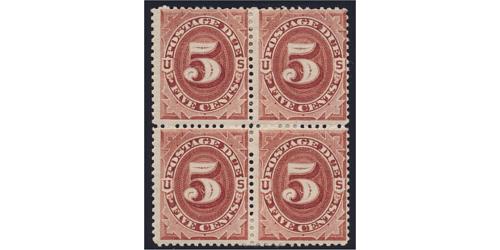 # J18 5¢ Postage Due, Red Brown, Block of Four, CV $2,500.
