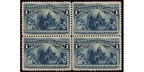 #230 1¢ Deep Blue, In Sight of Land, Block of Four