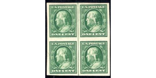 #383 1¢ Franklin, Green, Center Line Block of Four, Never Hinged