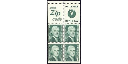 #1278b Jefferson, 1¢ Pane 4 + 2 Labels