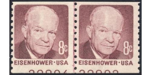 #1402 8¢ Eisenhower, Line Pair with Partial Plate Number