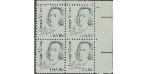 #1858 George Mason, Plate Number Block of 4