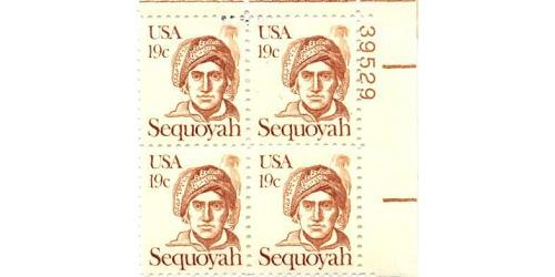 #1859 Sequoyah, Plate Number Block of 4