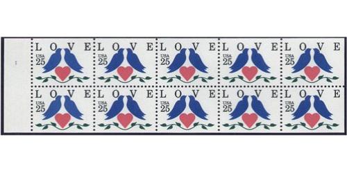 #2441a Love Doves, Booklet Pane of Ten