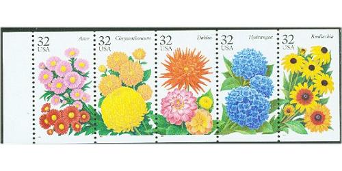 #2997au Fall Flowers, Booklet Pane of Five, Unfolded