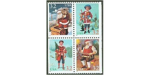 #3004-07 Santa & Children, Sheet Stamp, Four Singles