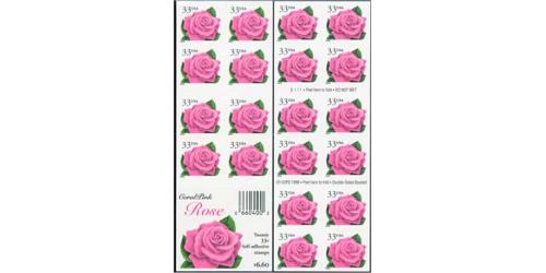 #3052Ef Coral Pink Rose, Double-sided Booklet Pane of 20