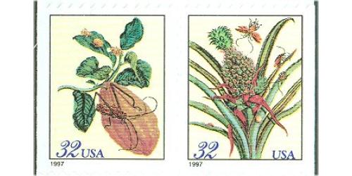 #3129c Moth & Cockroaches, Merian Botanical Prints, Attached Booklet Pair
