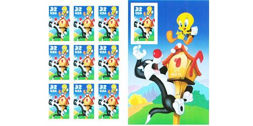 #3205 Sylvester & Tweety Looney Tunes, Pane of Ten, 10th Stamp Imperforate