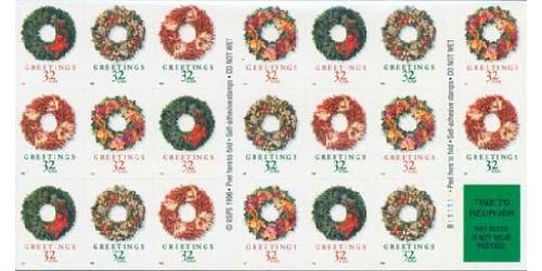 #3252e Christmas Wreaths, Convertible Booklet Pane of 20