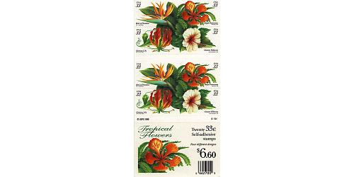 #3313b Tropical Flowers, Booklet Pane of 20