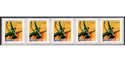 #3520 Atlas Statue, PNC Plate Number Coil Strip of 5, #B1111