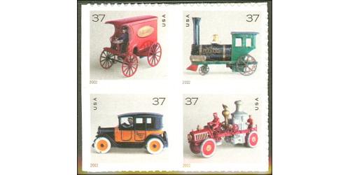 #3645a Antique Toys, Block of 4 From #3645e, "2002" Year Date