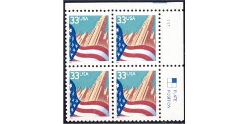 #3277 Flag over City, Red Date - Water-Activated Plate Block