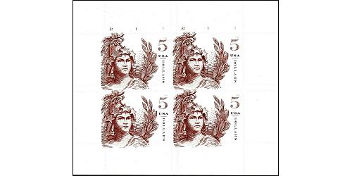#5297 $5 Statue of Freedom, Sheet of Four