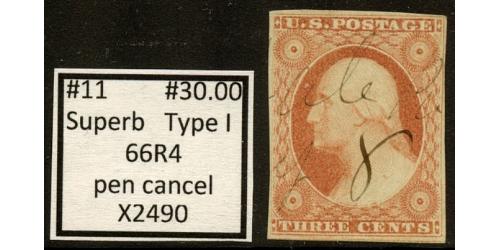 #11 3¢ Washington, Superb Type 1, 66R4