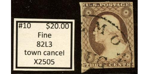 #10 3¢ Washington, Fine 82L3 Town Cancel