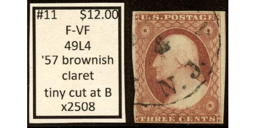 #11 3¢ Washington, Browish Claret, Fine - Very Fine, 49L4