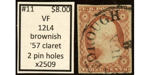 #11 3¢ Washington, Brownish Claret, Fine - Very Fine, 12L4