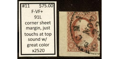 #11 3¢ Washington, Very Fine, 91L, Corner Margin Example