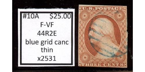 #10A 3¢ Washington, Fine - Very Fine, Blue Grid Cancel, 44R2E