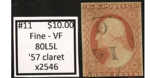 #11 3¢ Washington, Fine - Very Fine, '57 Claret, 80L5L
