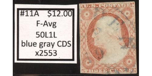 #11A 3¢ Washington, Type 1, Fine - Average, 50L1L