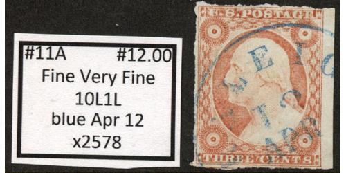#11A 3¢ Washington, Fine - Very Fine, Blue Apr 12, 10L1L