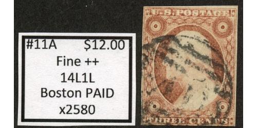 #11A 3¢ Washington, Fine++, Boston Paid, 14L1L
