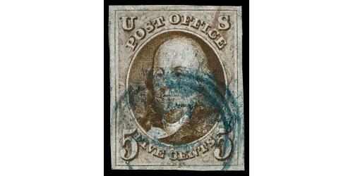 # 1 Benjamin Franklin 5¢, Red Brown, Blue Cancel, VF to EF