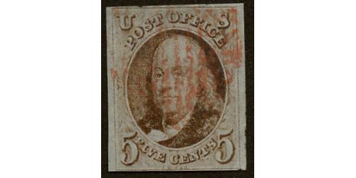 # 1 Benjamin Franklin, 5¢ Red Brown, Red Cancel F-VF