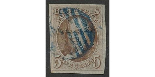 # 1 Benjamin Franklin, 5¢ Red Brown, Blue Grid Cancel, Large Margins