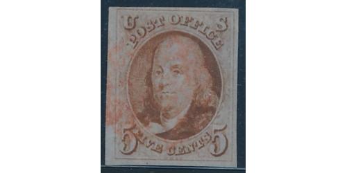 # 1 Benjamin Franklin, 5¢ Red Cancel, Four Margins, VF-XF