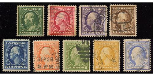 #374-382 Regular Issues Designs of 1908-09, Complete Set of 9