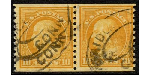 #497 10¢ Franklin, Orange Yellow, Coil Line Pair