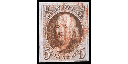 # 1 Benjamin Franklin, 5¢ Red Cancel, Four Margins, PSAG Certificate 85 VF-XF