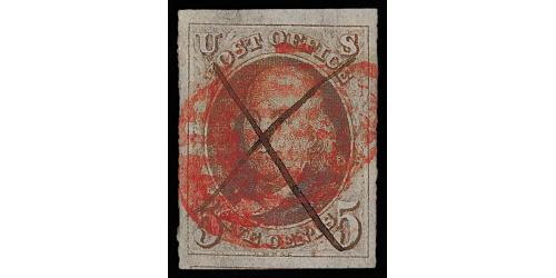 # 1 5¢ Red Brown, Manuscript X red grid cancels, large margins, EF to Superb.