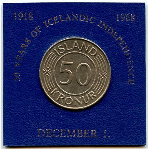 Iceland 1968, 50 krónur. 50 Anniversary of Sovereignty. Uncirculated