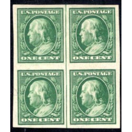 #383 1¢ Franklin, Green, Center Line Block of Four, Never Hinged